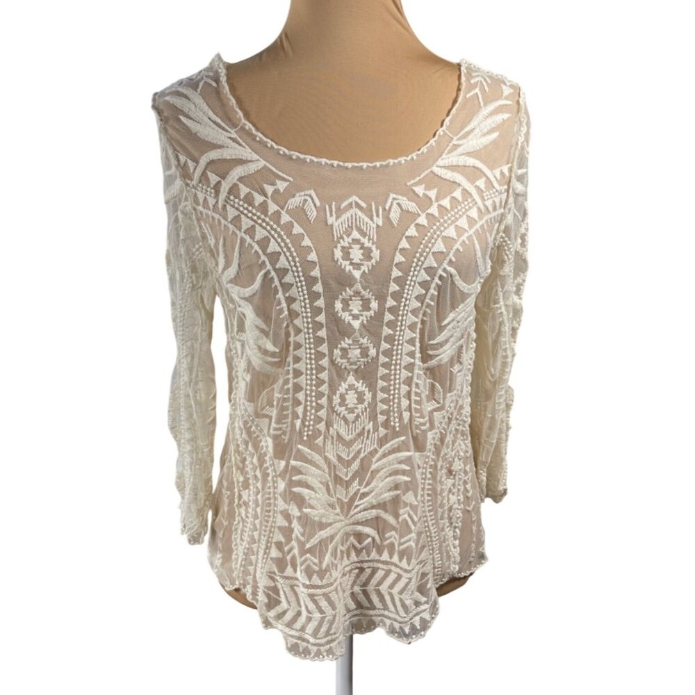 Xhilaration Sheer Lace Top Scoop Neck Long Sleeve XS Extra Small Cream
